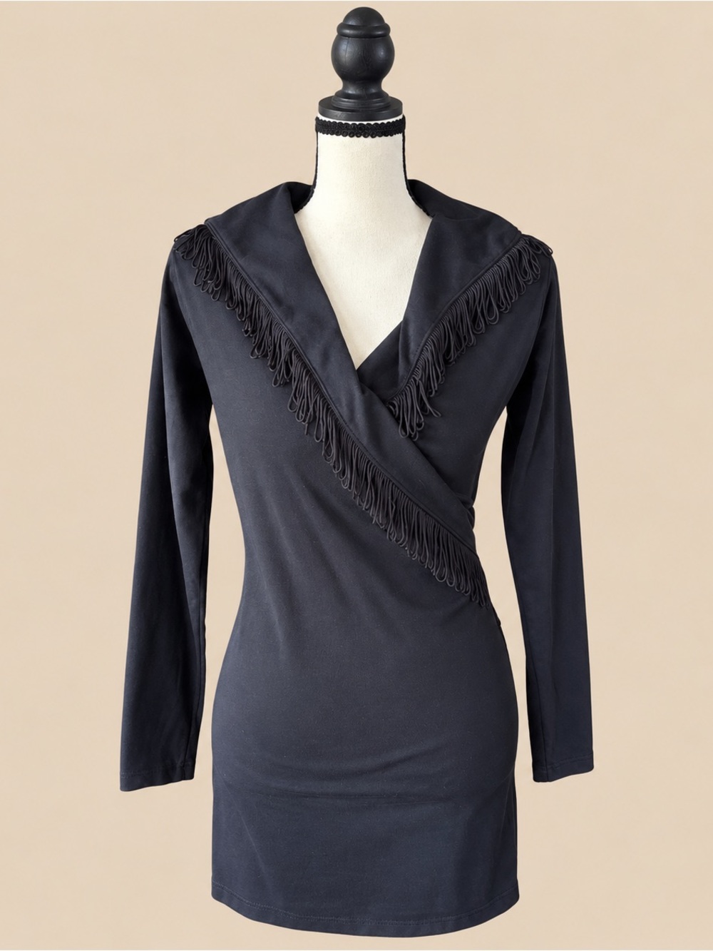 90s Vintage Fringe Cross Front Body Con Dress M